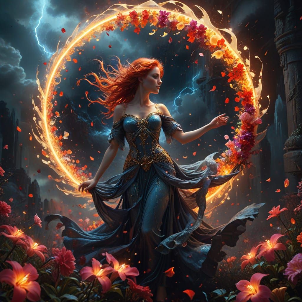 Divine Goddess Emerges from Floral Tornado in Fantasy Art
