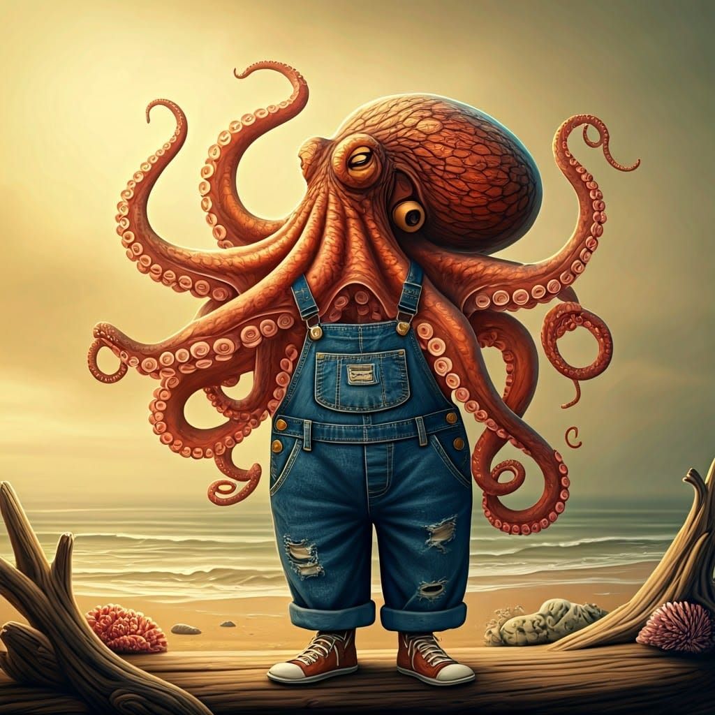 Octopus in Overalls: Whimsical Beach Art