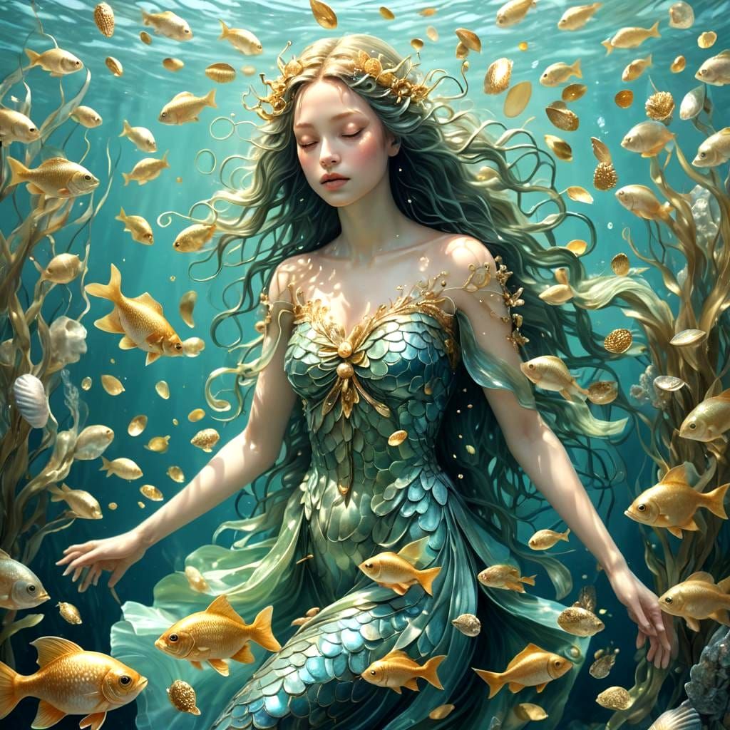 Water Nymph with Golden Fish and Shells