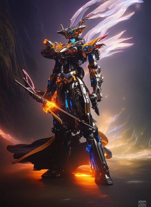 Detailed Mecha Wizard Cat in Amber Gunmetal Style