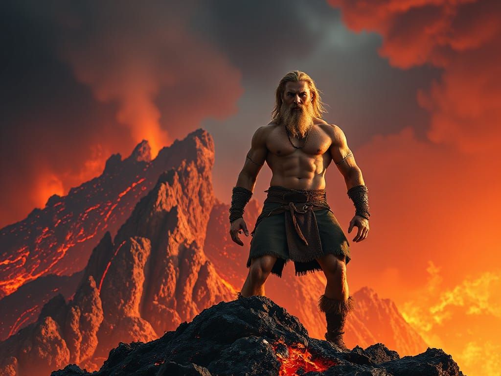 Hyperrealistic Norrenic Warrior on Lava Mountain