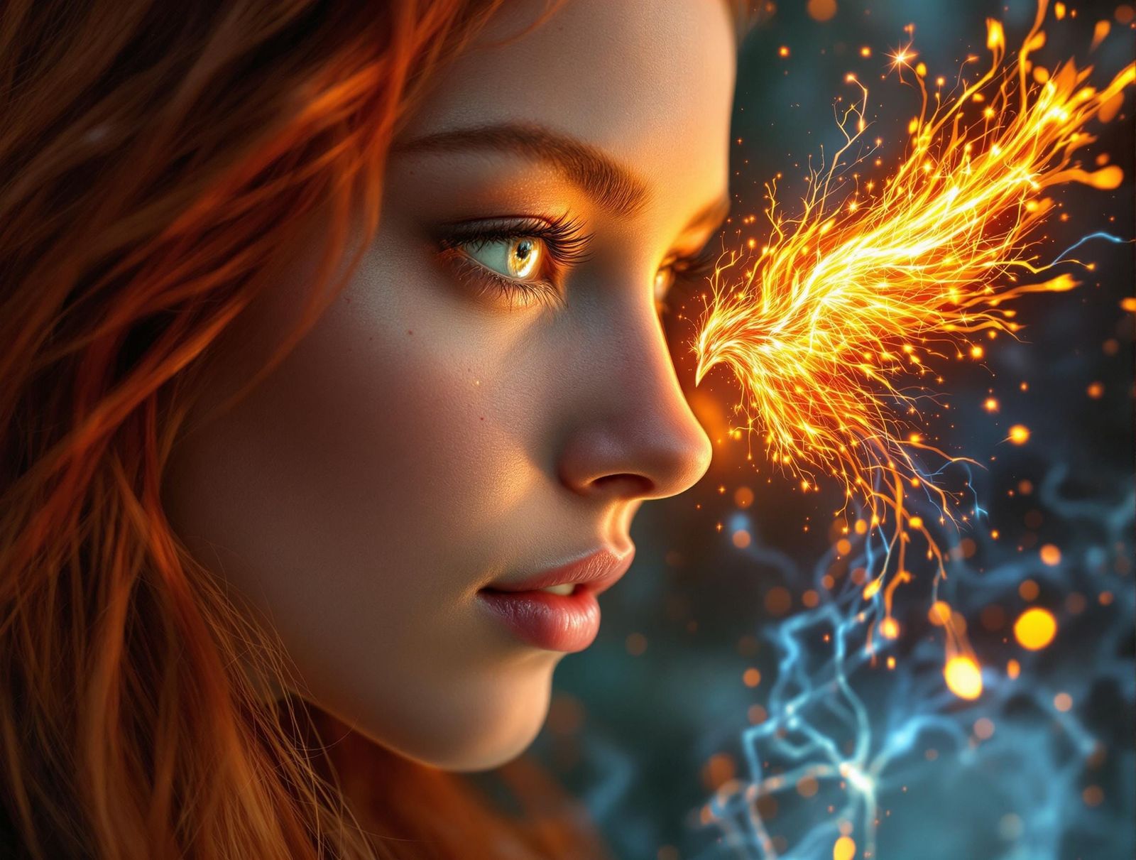 Mystical Redhead with Electric Phoenix Companion