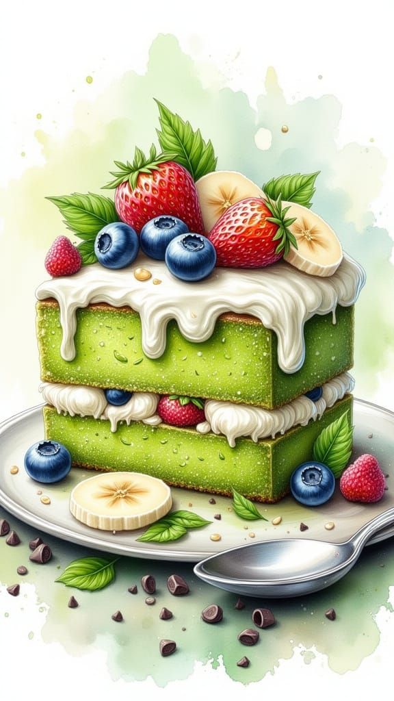 Matcha Cake Slice with Fruit in Watercolor Style