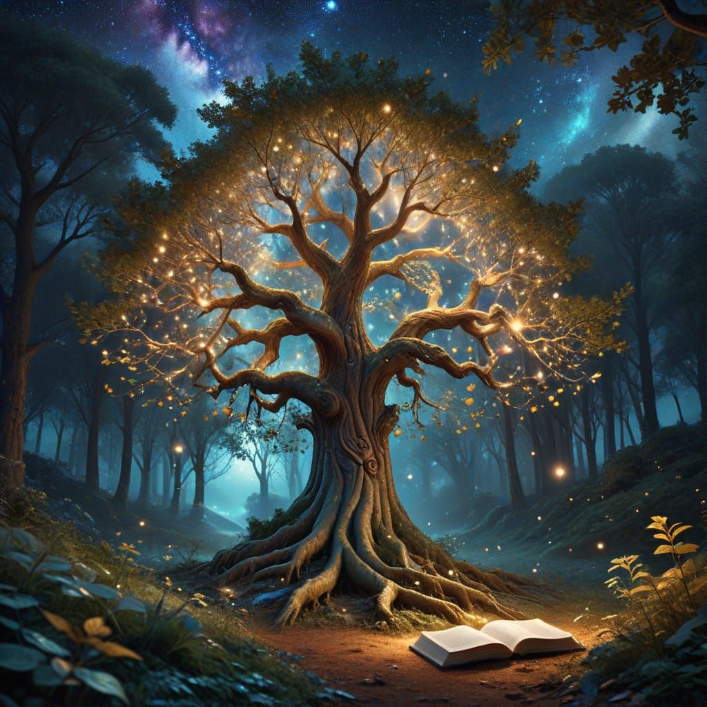 Fantasy Tree with Galaxy Leaves and Book Littered Trunk