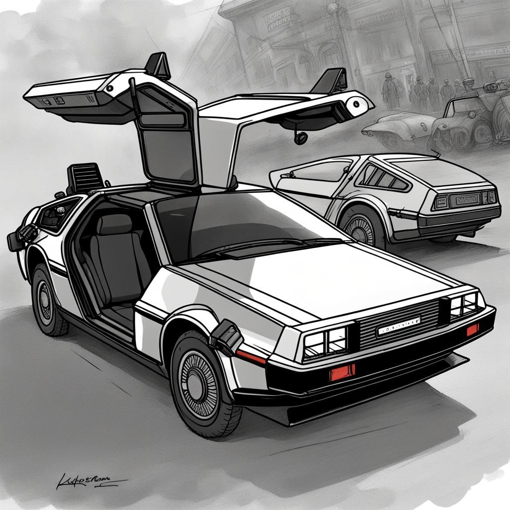 DeLorean in Pencil, Hand-Drawn Vintage Sketch