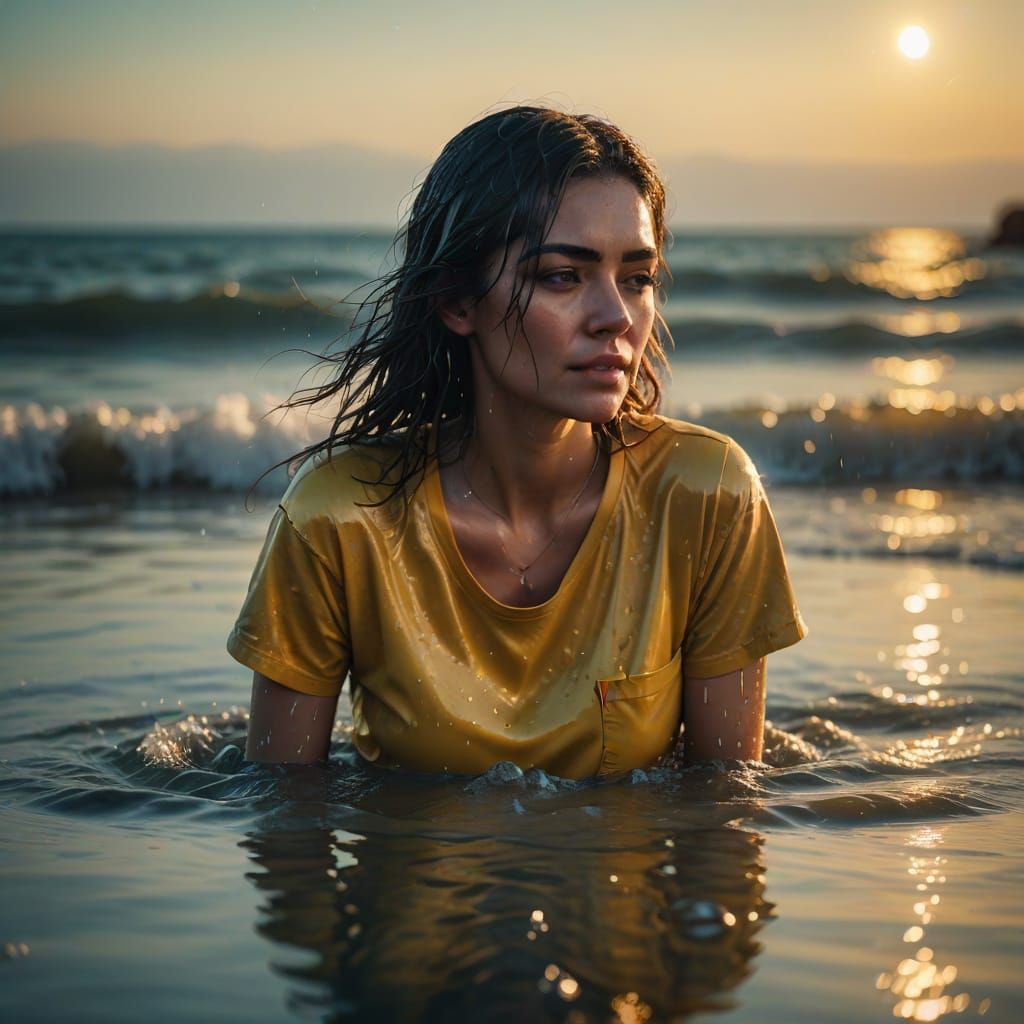 Woman Wading at Beach in Hyper-Realistic Digital Art