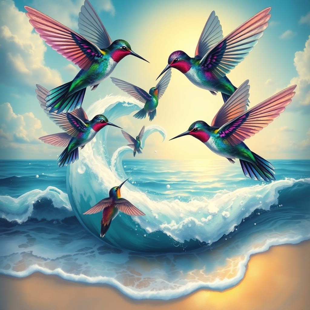 Iridescent Hummingbirds Dance Above Sun-Kissed Ocean in Drea...
