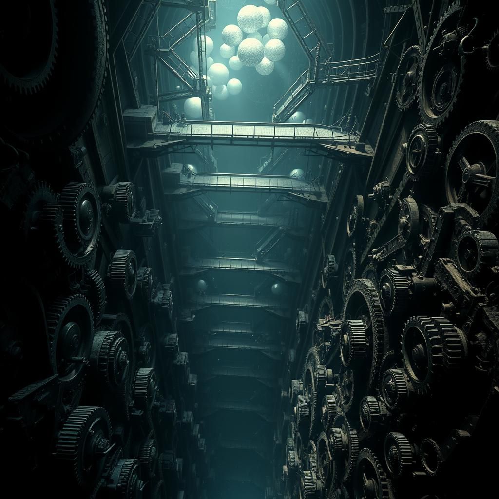 Steep Mechanical Abyss with Intricate Gears and Walkways