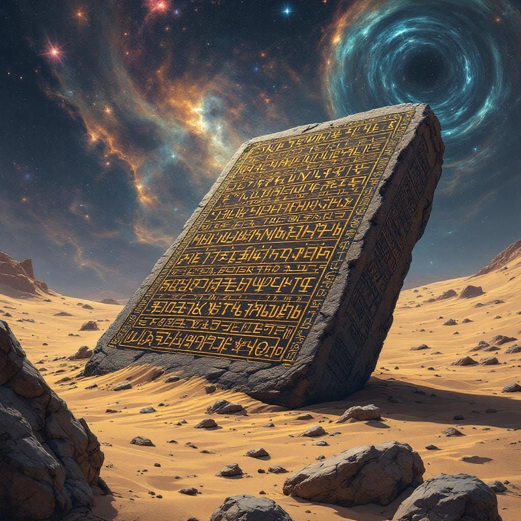 Ancient Stone Tablet with Glowing Runes in Alien Desert