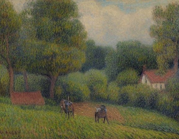 Impressionistic Village Landscape at Dusk in Pissarro Style