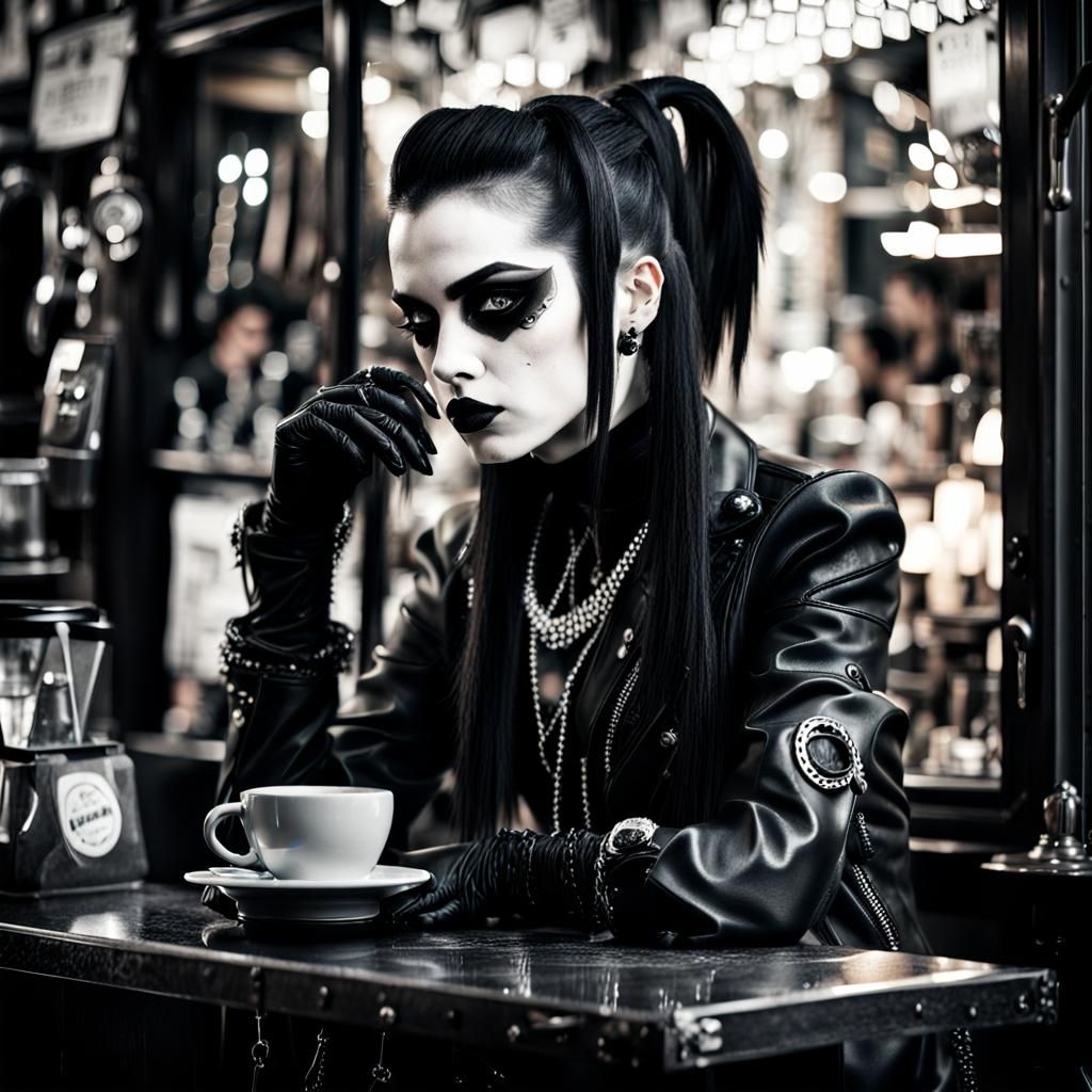 Goth Fashion Model in Goth Coffee Shop
