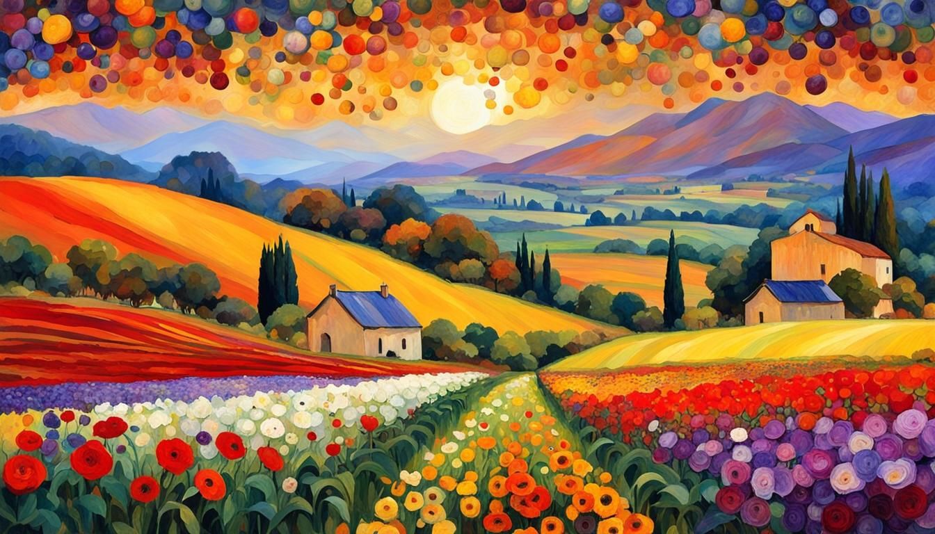 Vibrant Crop Art Landscape in Naive Style
