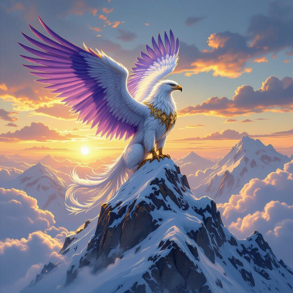 Amethyst and Gold Griffin on Snowy Peak