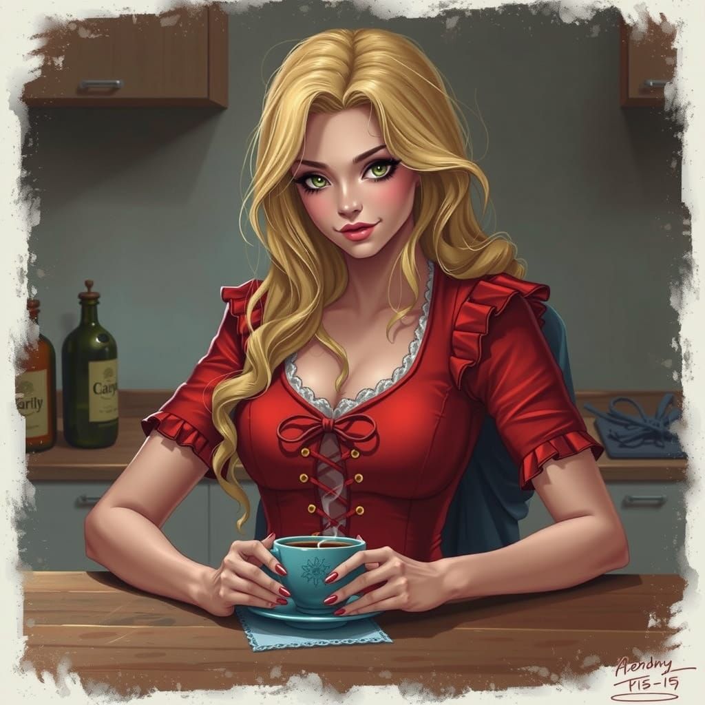 Sultry Pin-Up Girl Invites You to Sip Coffee in a George Per...
