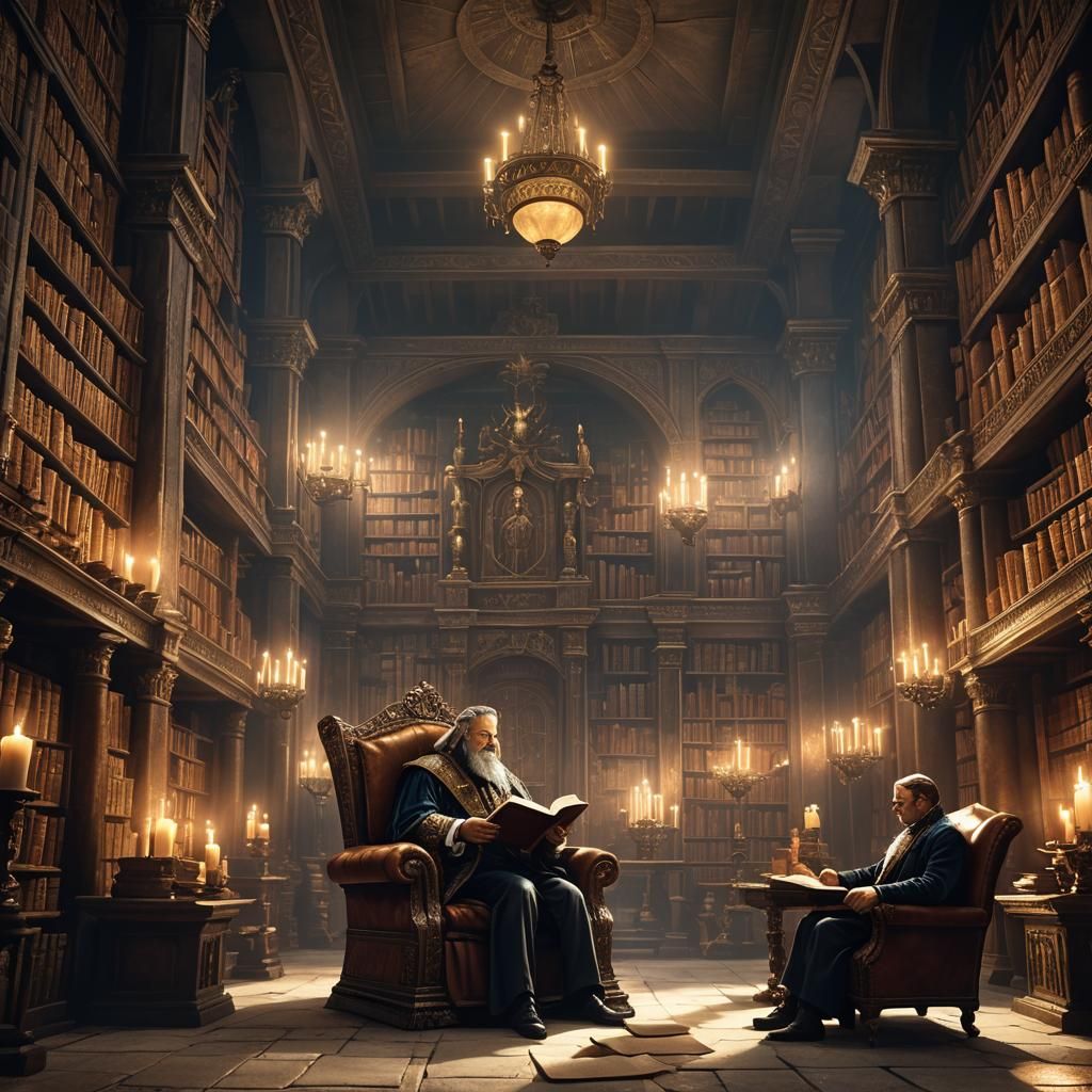 King Reading in a Lavish Fantasy Library