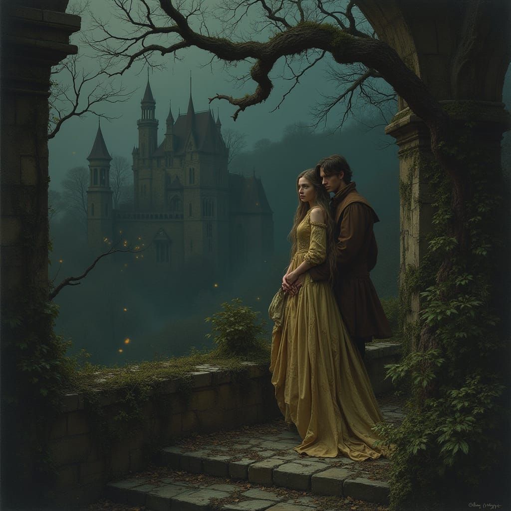 Ethereal Lovers in a Dark, Enchanted Forest