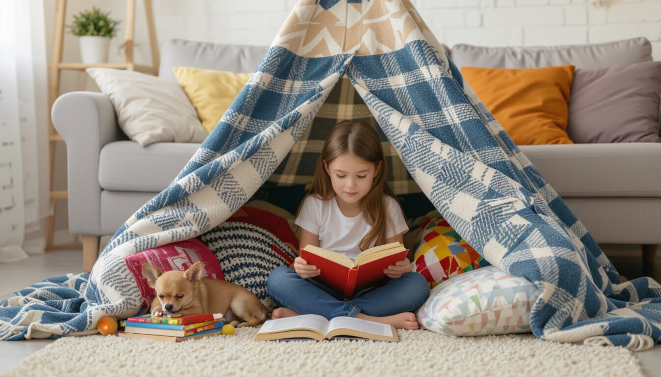 Cozy Blanket Fort With Girl and Sleeping Chihuahua