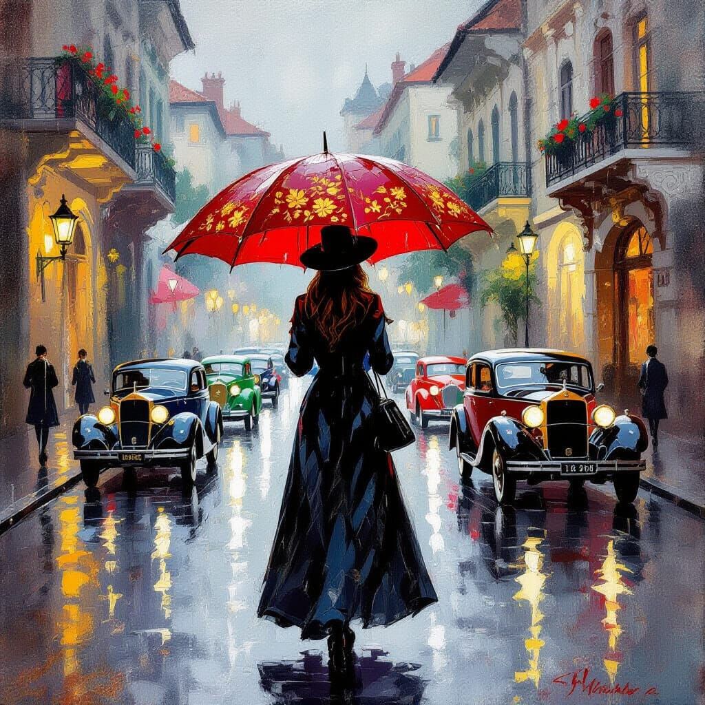 Elegant Woman with Red Umbrella on Rainy Street