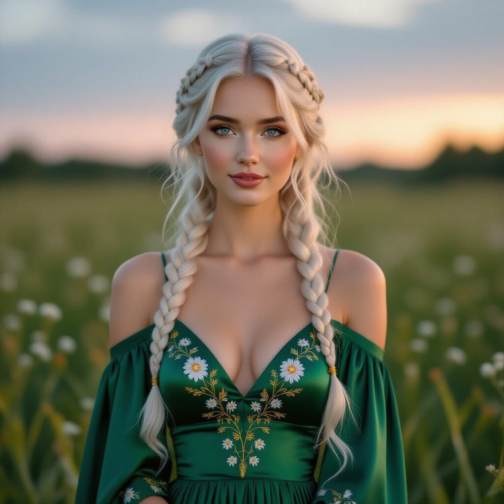 Ethereal Beauty in Meadow, Art Nouveau Digital Painting