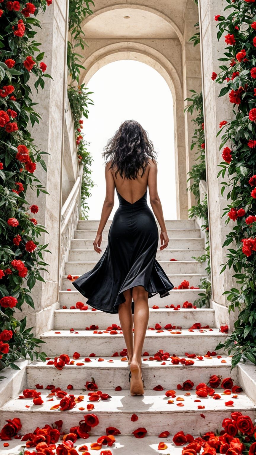 Woman on Rose Petal Path, Modern Comic Art