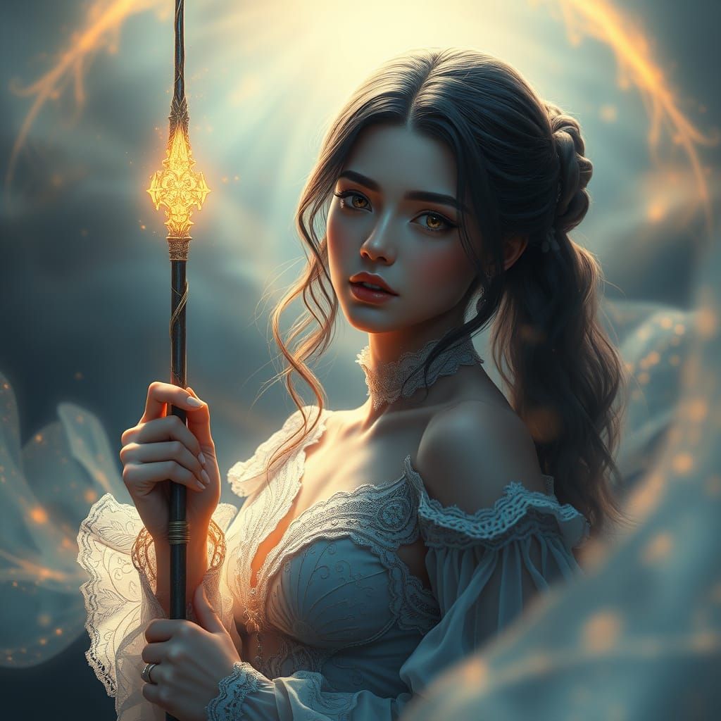 Enchanted Wizardess with Wand in a Mystical Realm