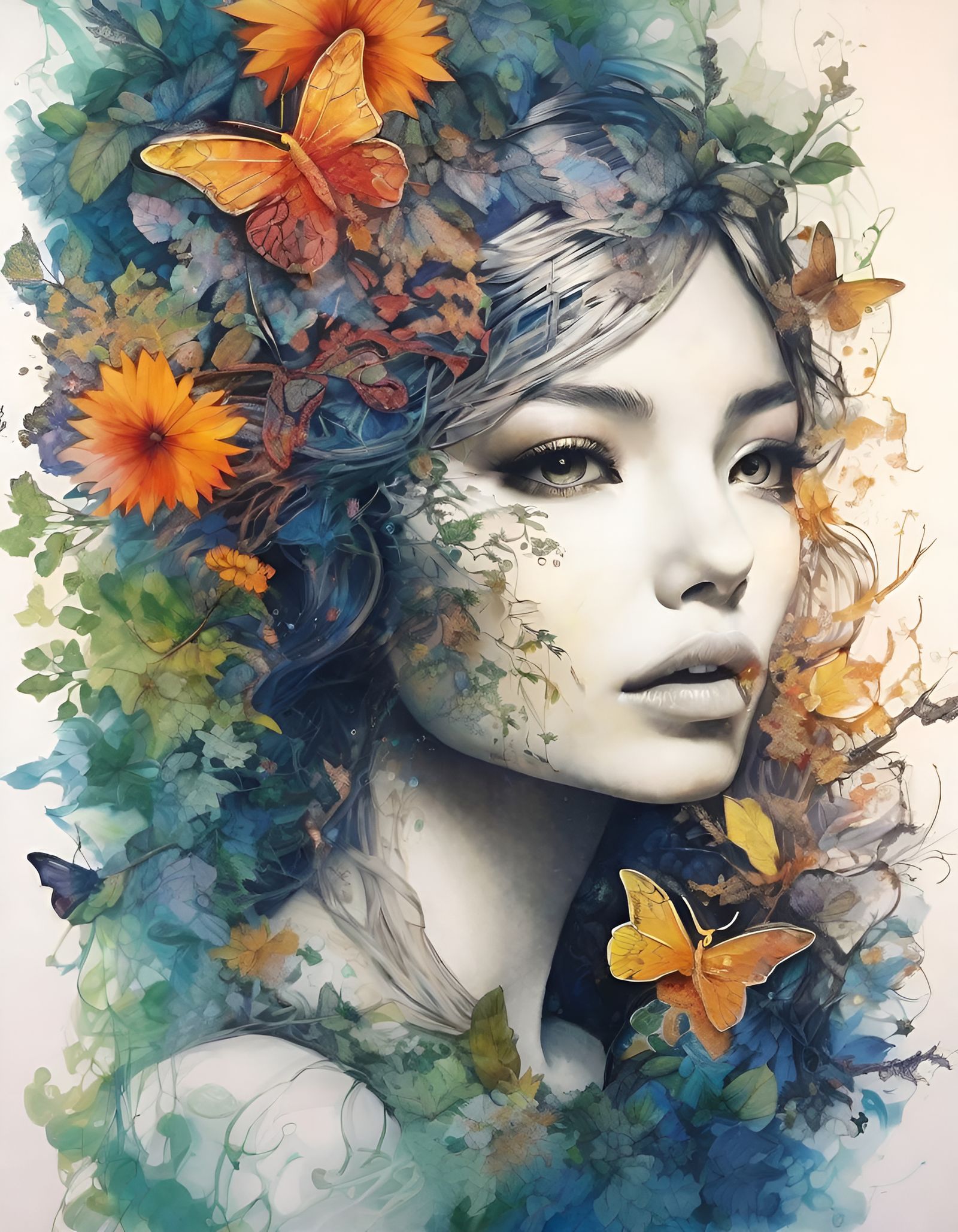 Nature Fairy Silhouette in Double Exposure Anime Style