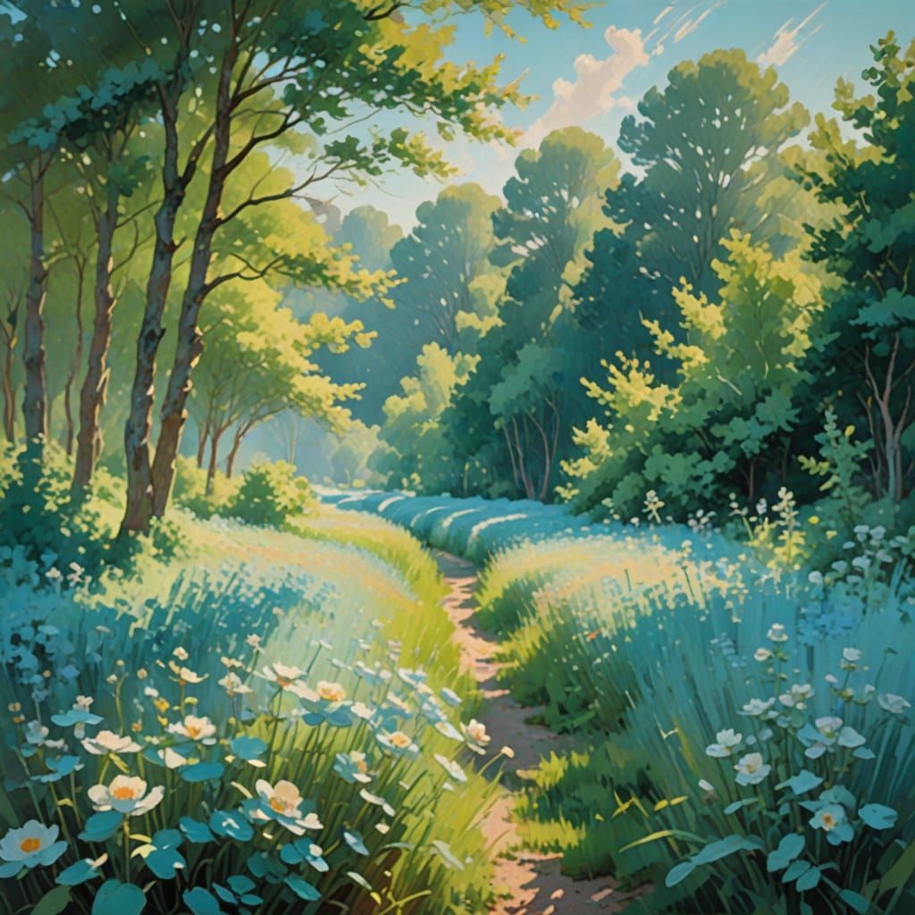 Serene Summer Landscape in Soft Pastel Hues