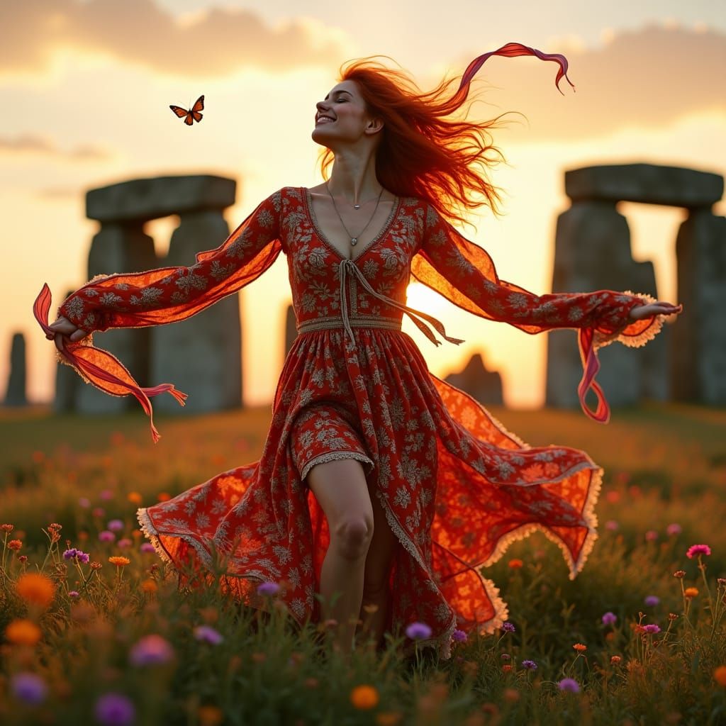 beautiful red haired hippy girl dancing at sunset stonehenge