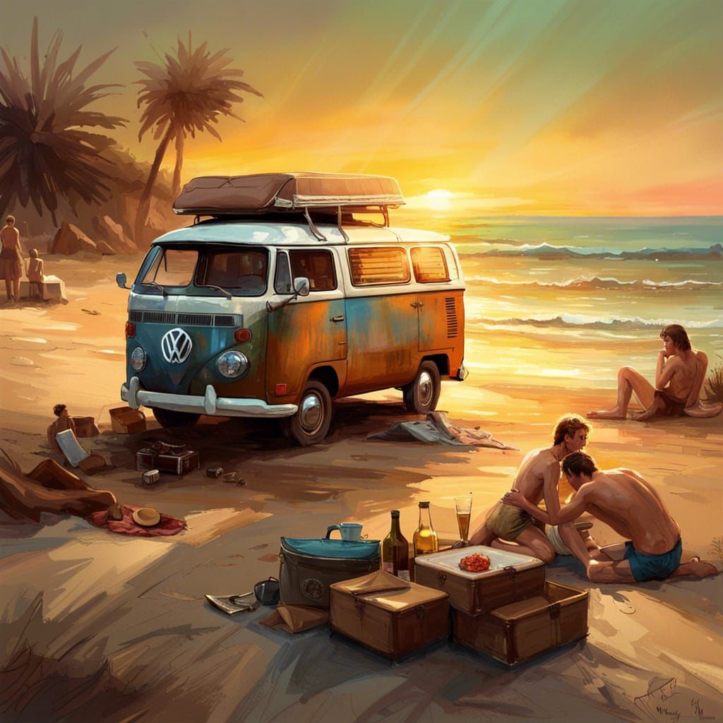 Beach Picnic with 1969 VW Van in Splash Art