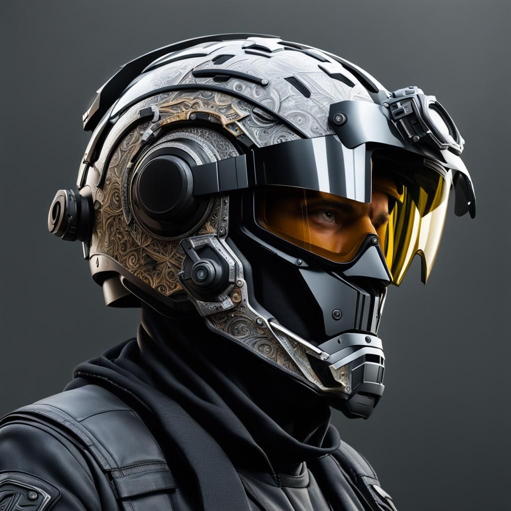 Hyperrealistic Man with a Funny Helmet