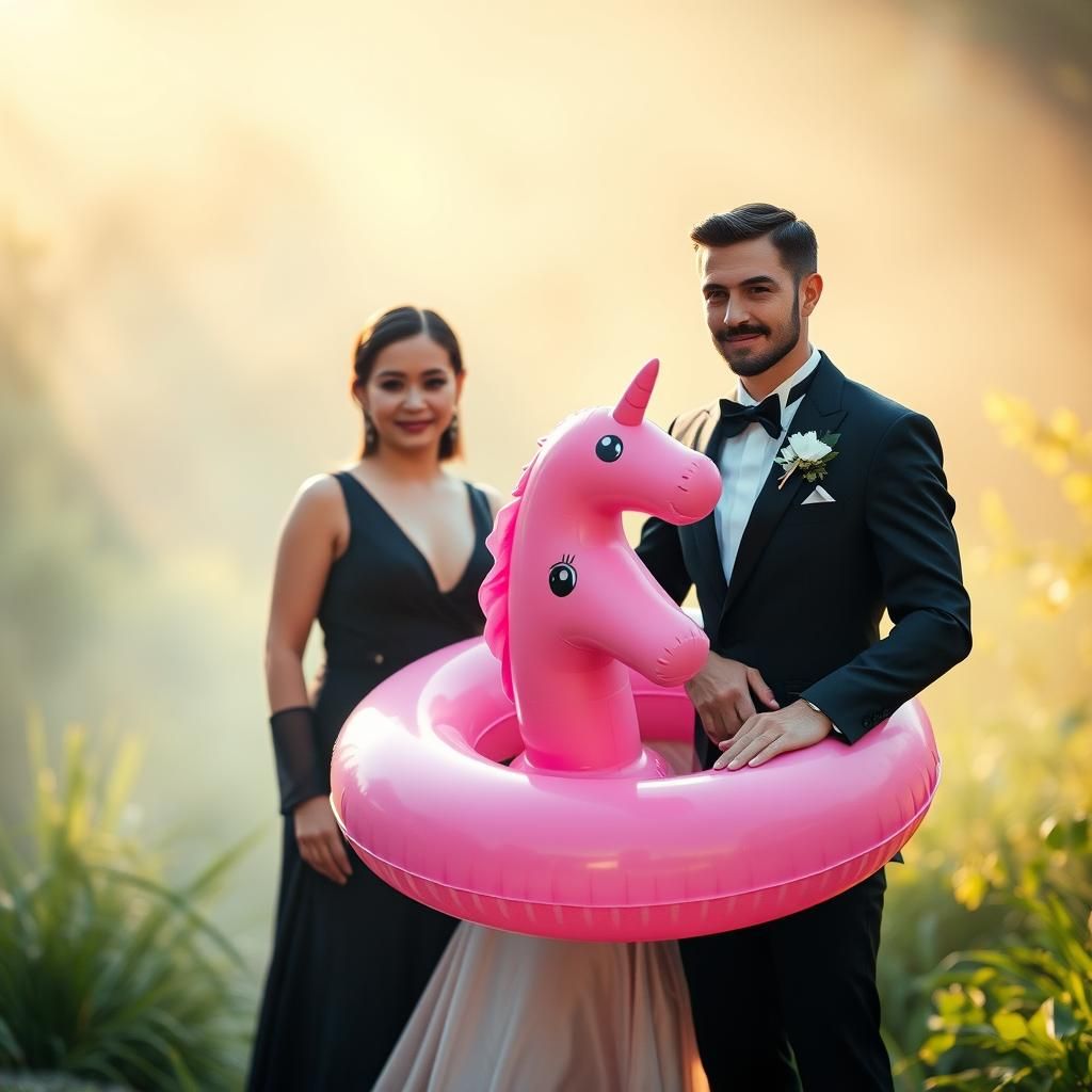 Elegant Couple with Unicorn Ring, Realistic Photography