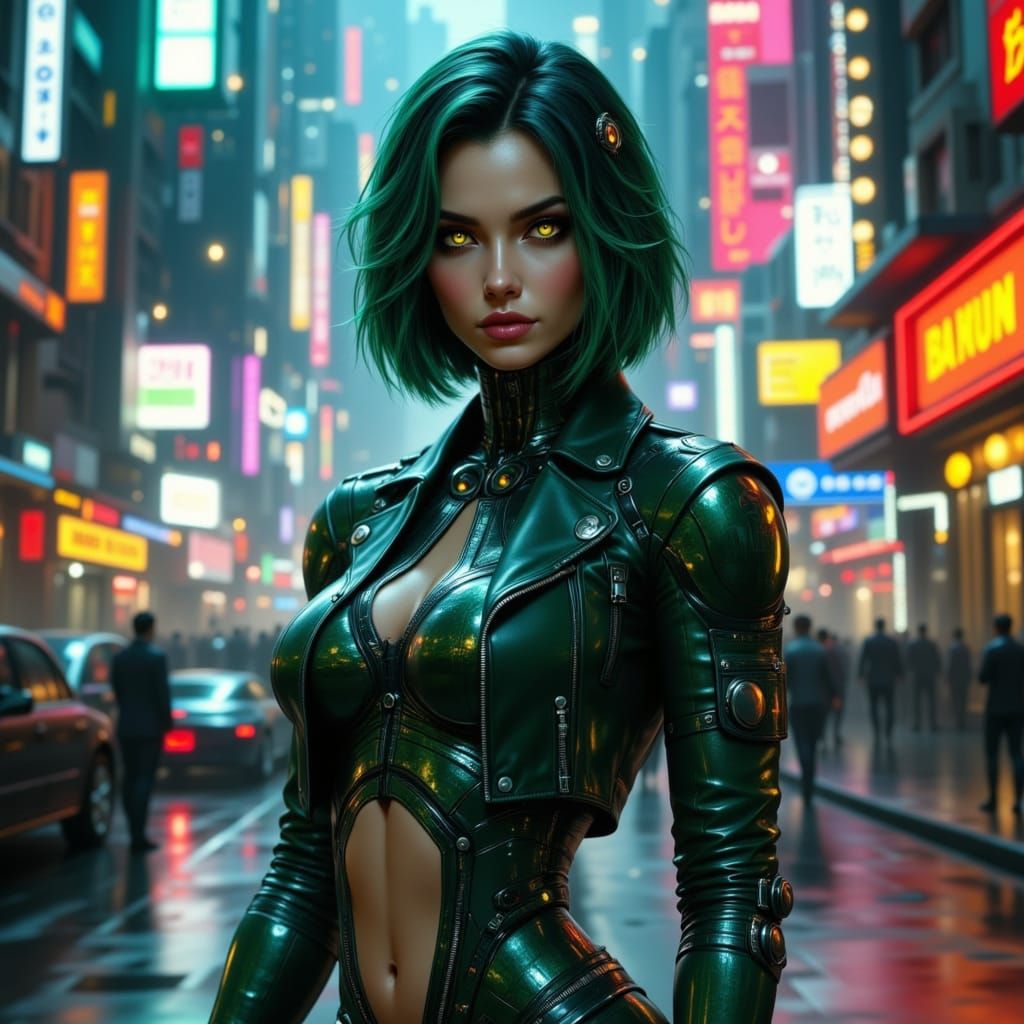 Cyborg Woman in Neon Cyberpunk City
