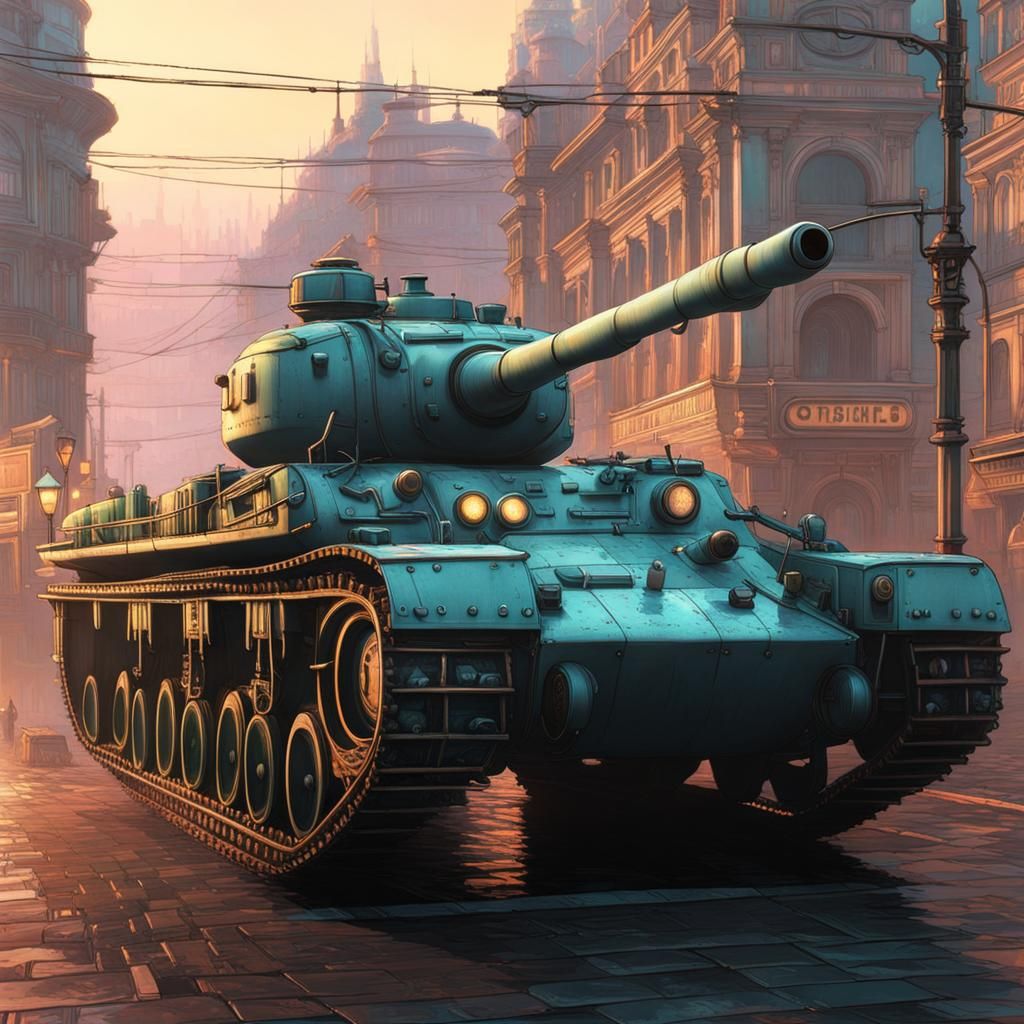 Dieselpunk Tank with Pastel Colors in Cityscape