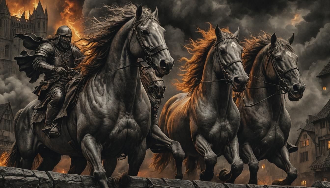 Apocalyptic Horsemen Over Blazing City, Dürer Style