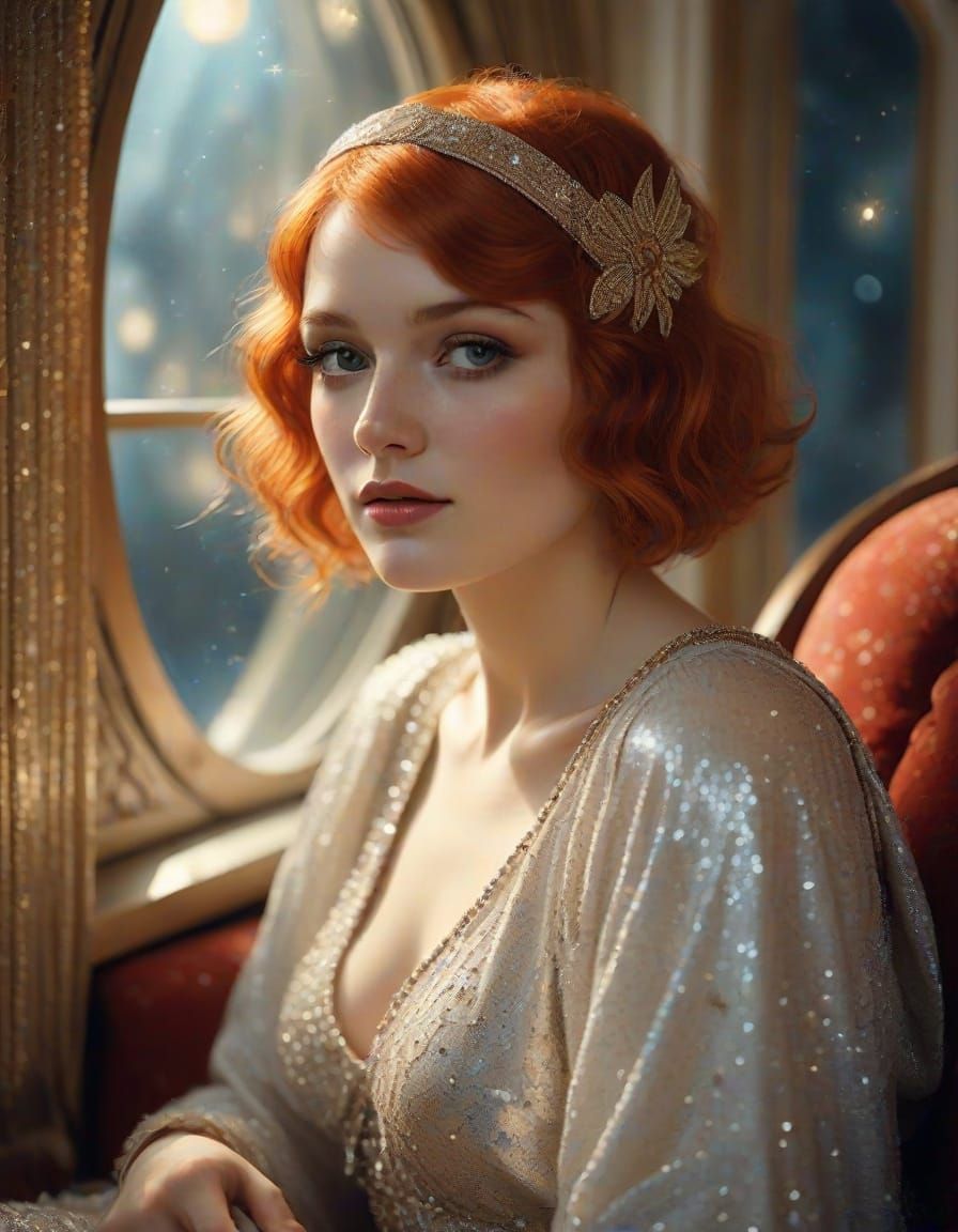 Glamorous Flapper Goddess with Fairy Wings in Cosmic Seashel...