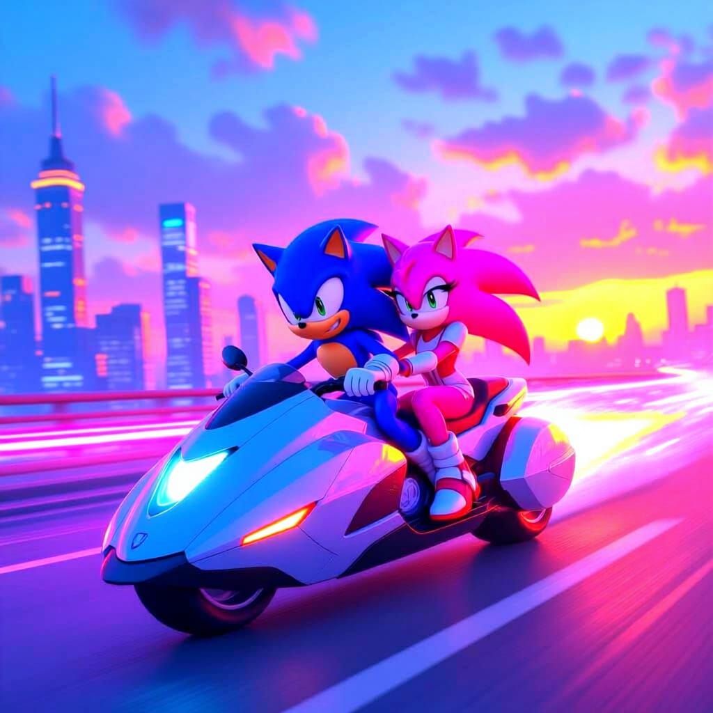 Sonic and Amy Riding a Motorcycle in 3D Style