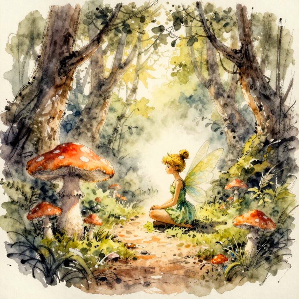 Tinkerbell Fairy Meditating in Mushroom Forest Watercolor Sk...