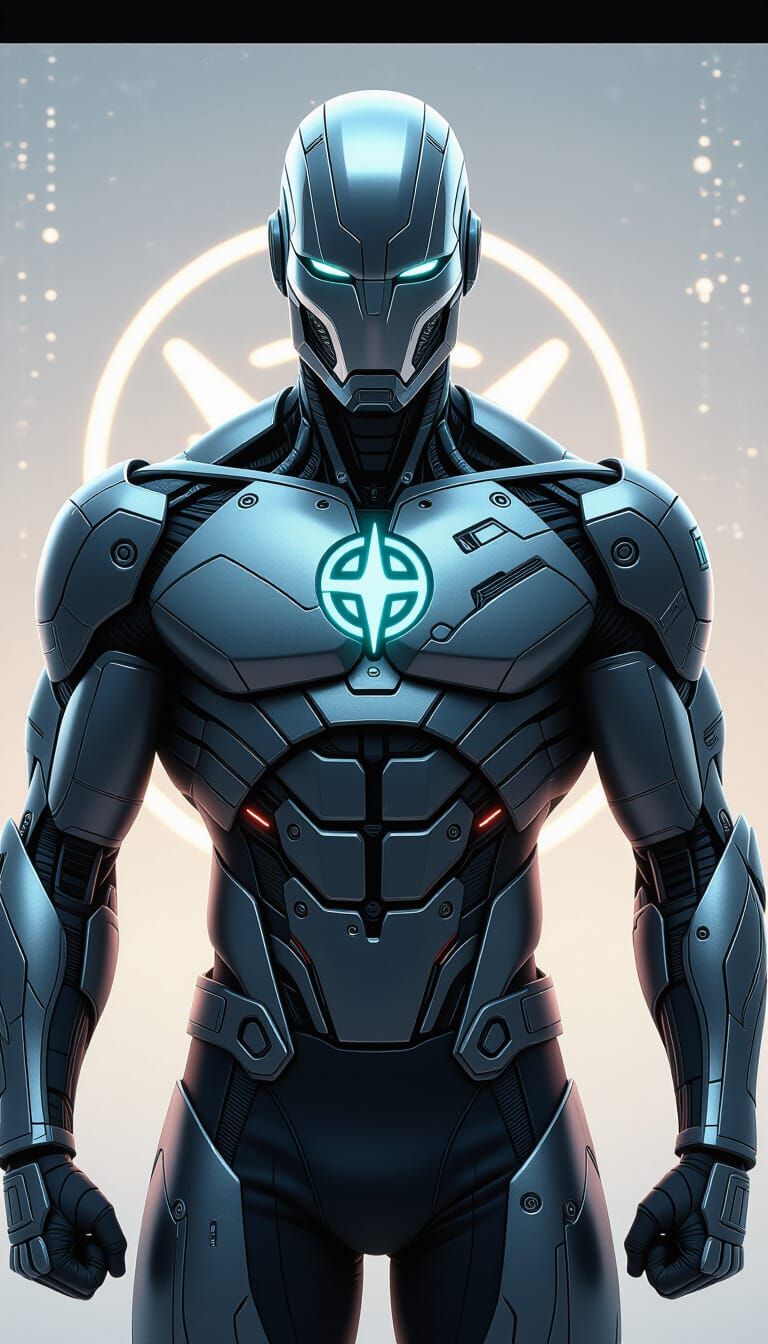 Cybernetic Superhero with Alien Symbol in Futuristic Style