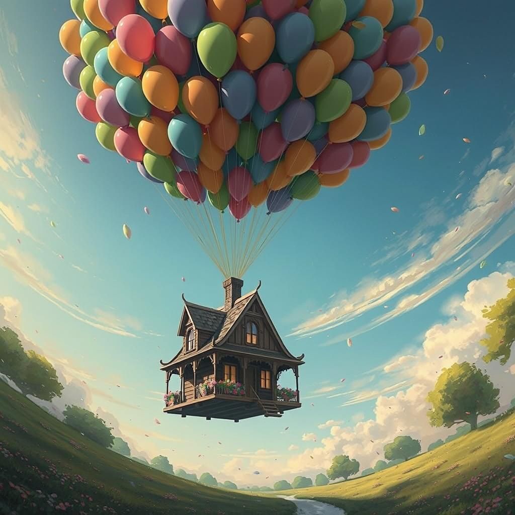 Colorful House Soars Skyward with Balloons