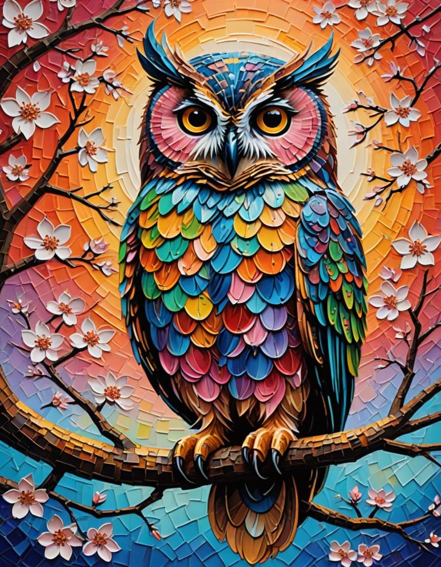 Colorful Owl in Impasto Style with Sakura Blossoms