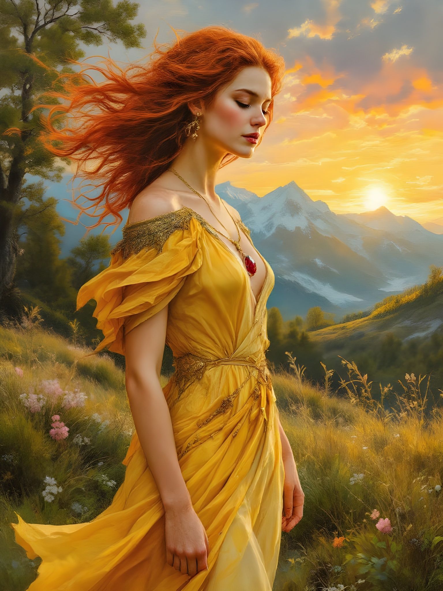 Norse Goddess Sól in Spring Sunrise, Oil Painting