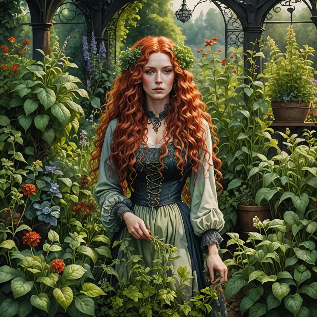 Red-Haired Herbalist in Mystic Garden, Watercolor Style