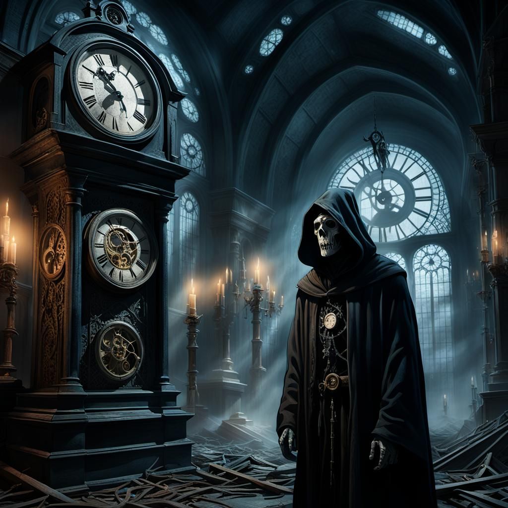The Grim Reaper as Father Time in a Haunting Clock Tower