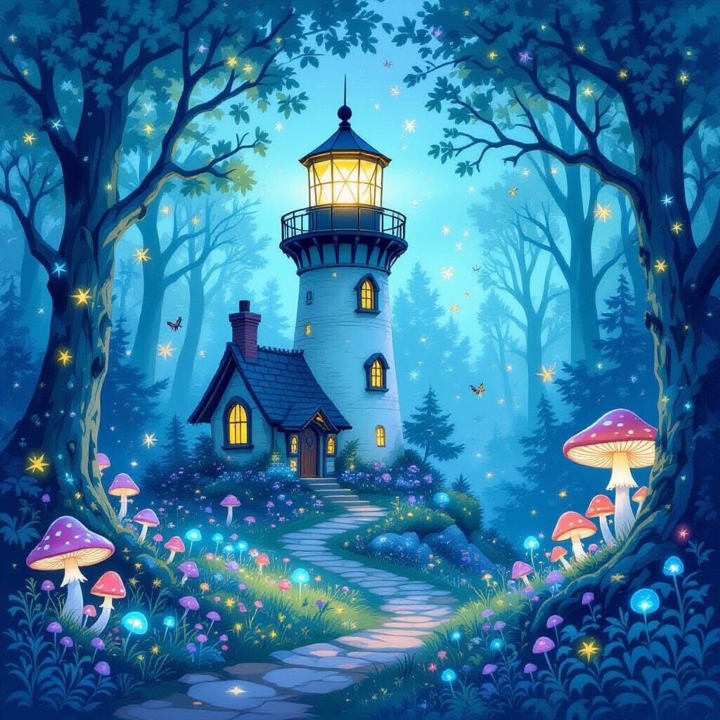 Enchanted Bioluminescent Forest Lighthouse in Watercolor Sty...