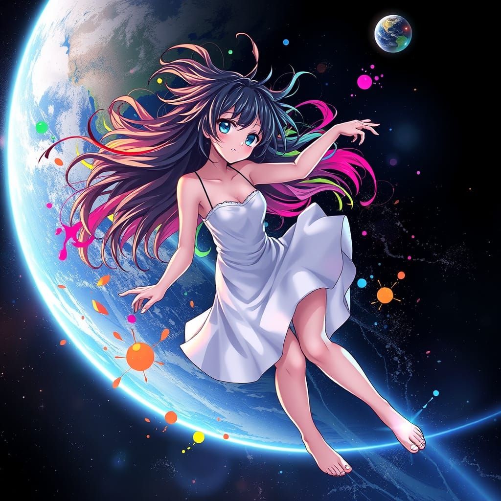 Vibrant Space Goddess with Messy Hair and Spaghetti Strap Dr...