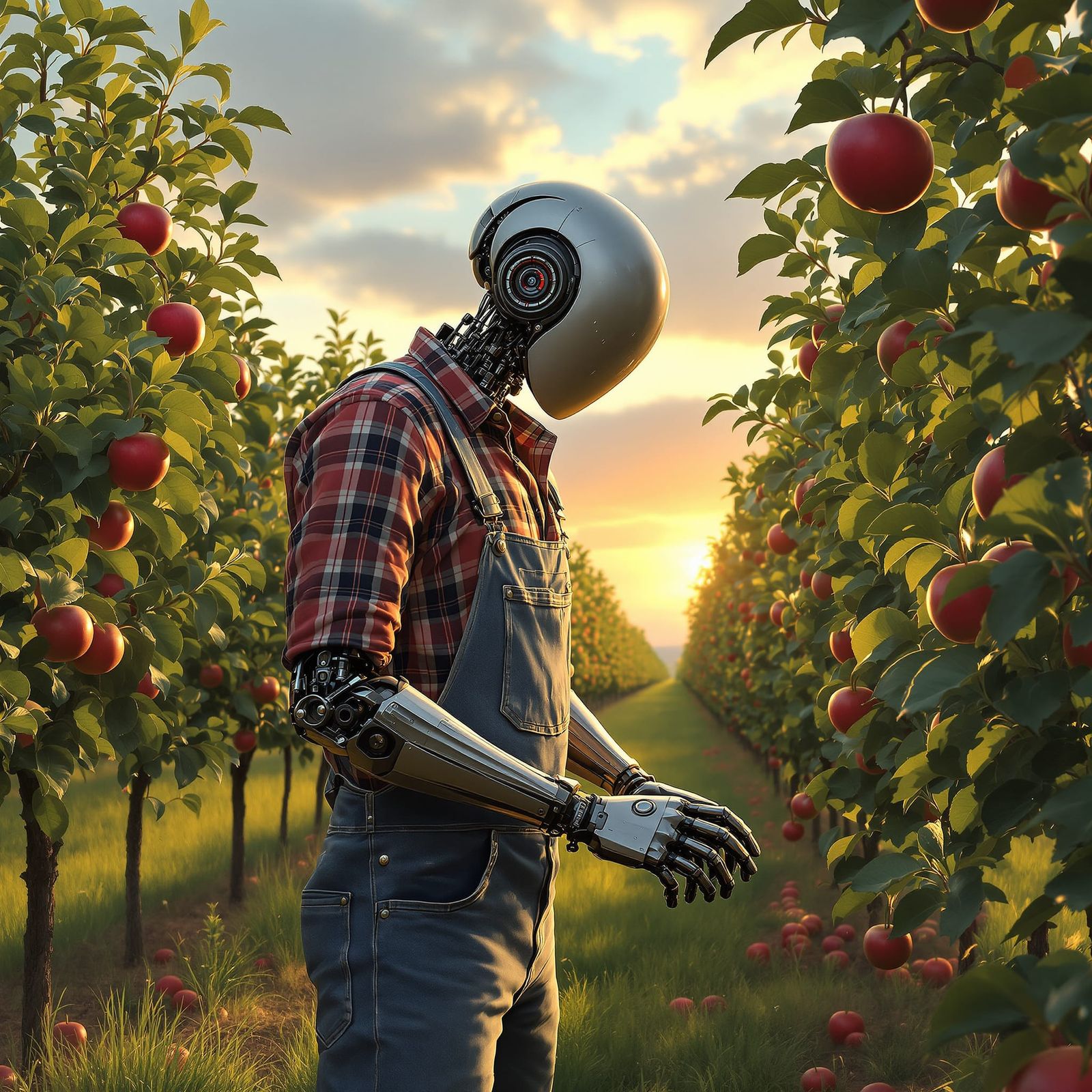 Cyborg Tends Apple Orchard at Sunset