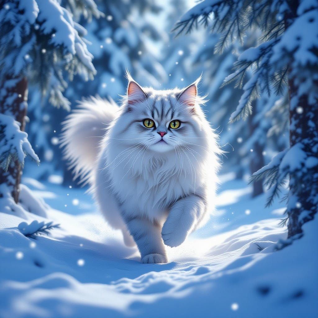 Majestic Persian Cat Running Through Snowy Forest Matte Pain...
