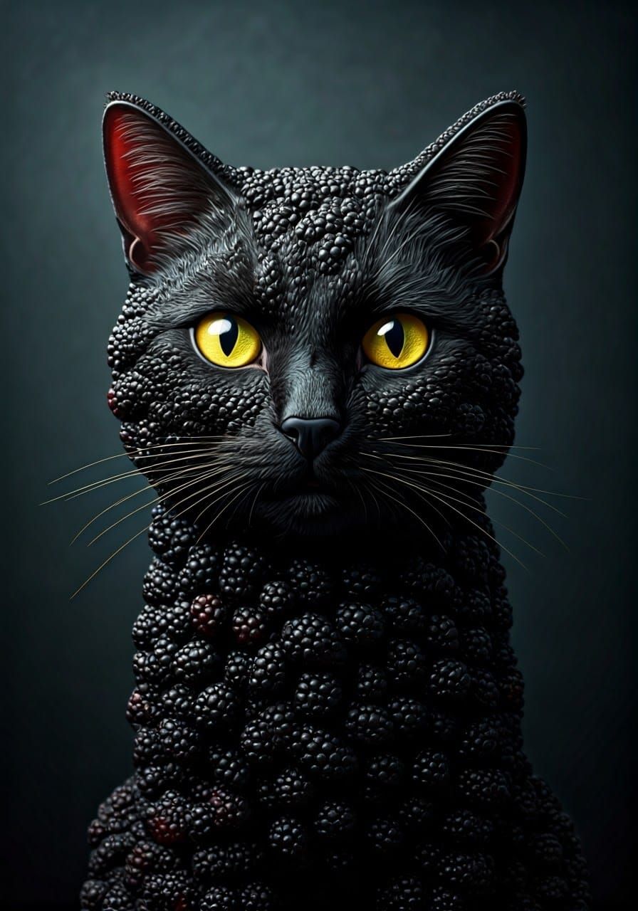 Surreal Cat Sculpture Among Blackberries in Dramatic Darknes...