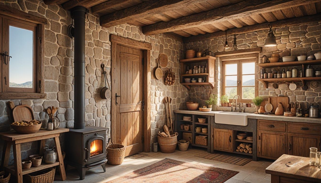Rustic Mediterranean Stone Cottage Interiors in Natural Ligh...