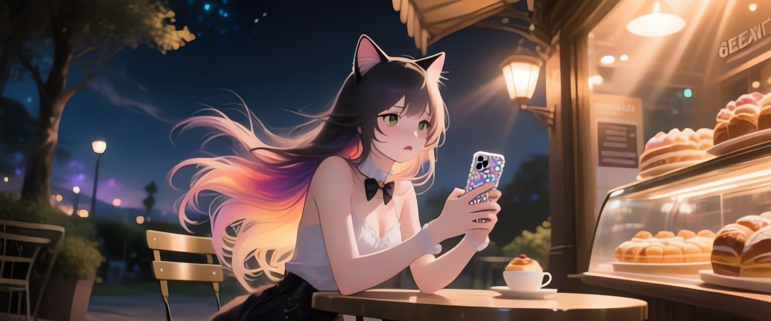 Catgirl Waits at Cafe in Night Scene